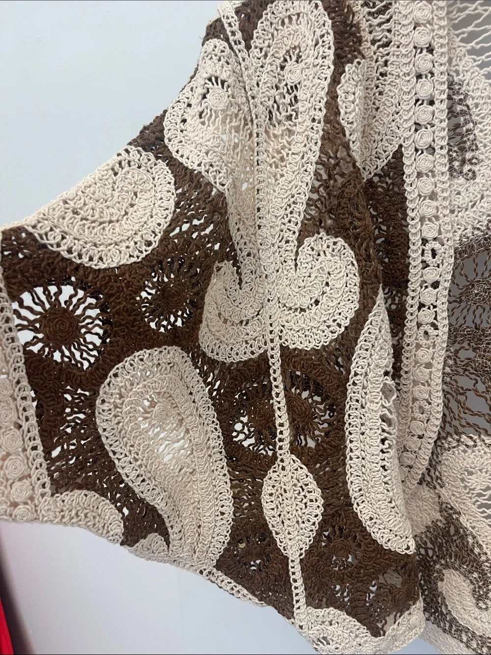 Cream & Brown Crochet Open Cardigan Sweater - Picture 4 of 8